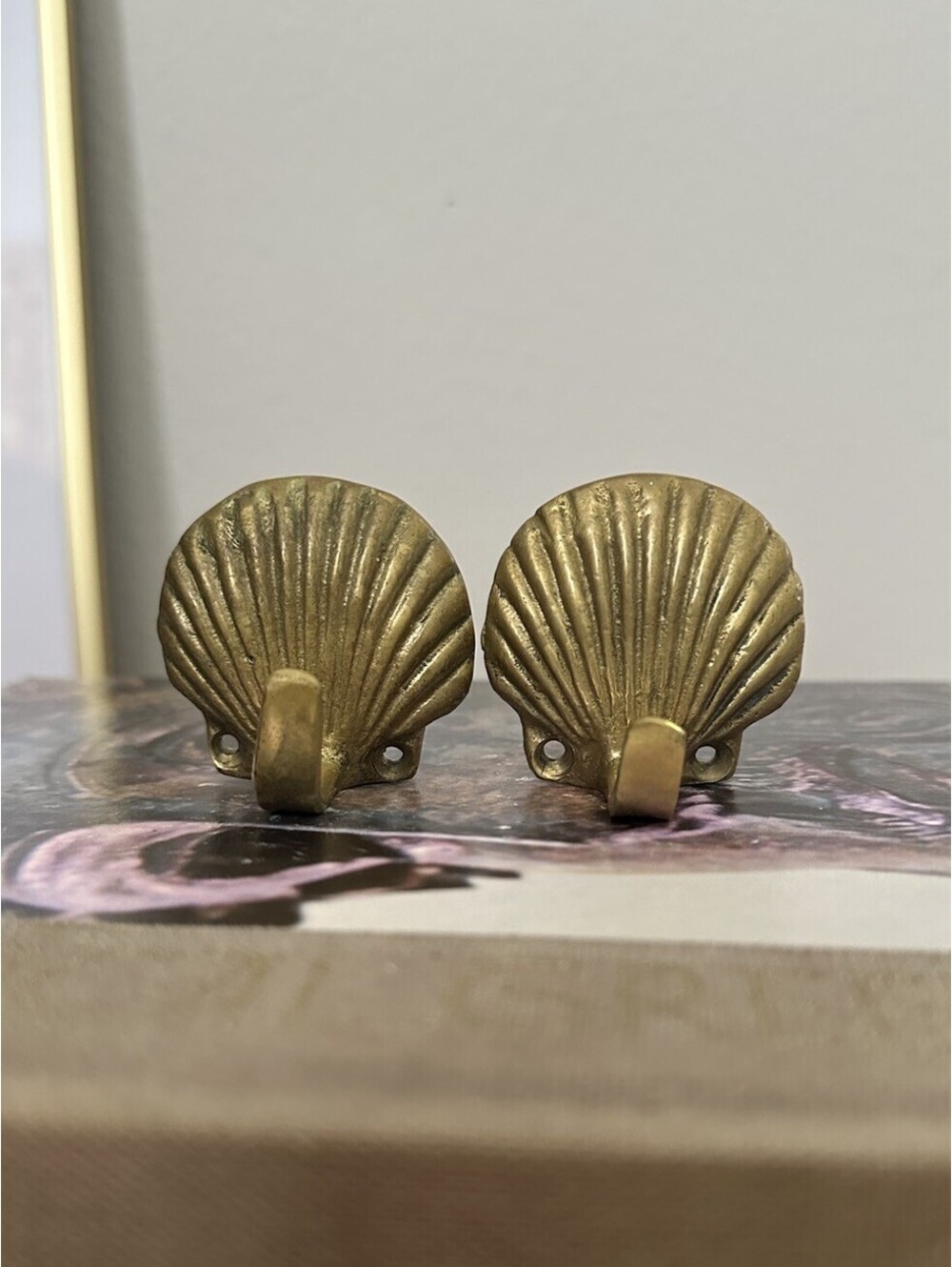 Vintage Pair Of Brass Seashell Wall Hooks Solid Brass Coastal Wall Mount Hooks
